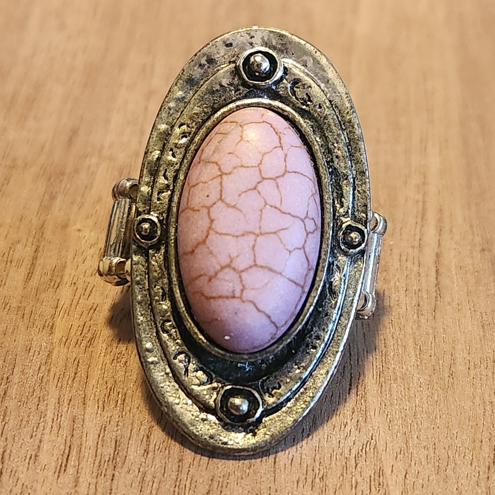 Paparazzi Pink Cracked Stone Antiqued Silver Oval Stretch Statement Ring Women's
